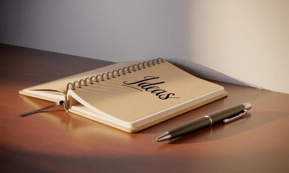 Minimalist composition with an open spiral notebook displaying ideas next to a sleek pen on a wooden desk photo