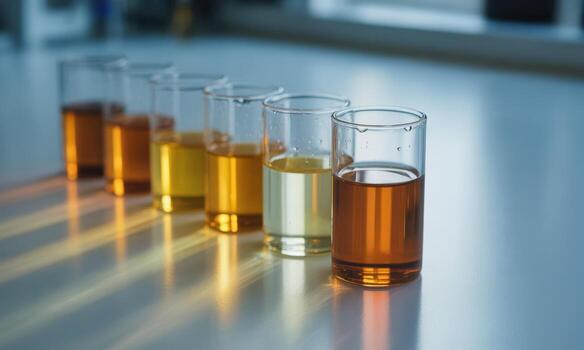 fila de claro vaso cilindros lleno con variar sombras de ámbar y dorado líquidos en un laboratorio ajuste foto