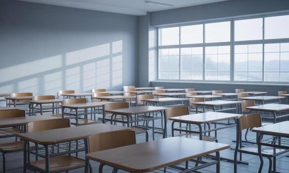 Empty modern classroom with desks and chairs illuminated by natural light from large windows photo