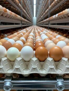 Endless rows of fresh brown and white eggs in pulp trays on an automated industrial farm conveyor photo