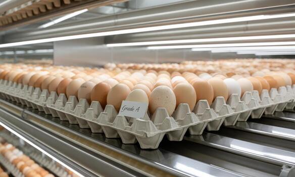 High quality grade a fresh eggs in cardboard trays on a modern food processing line. photo