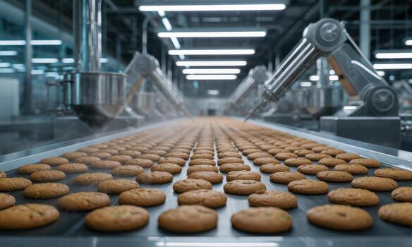 Automated cookie production line with freshly baked biscuits moving on a factory conveyor belt photo