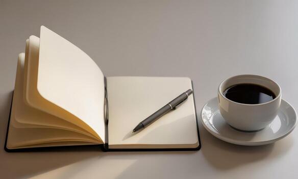 Open blank notebook with pen and fresh coffee cup on a minimalist white desk photo