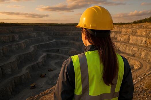 Woman engineer observing a vast open pit mine at sunset with heavy machinery photo