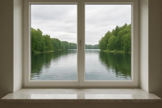 View through white framed window of serene lake and lush green forest under cloudy sky photo