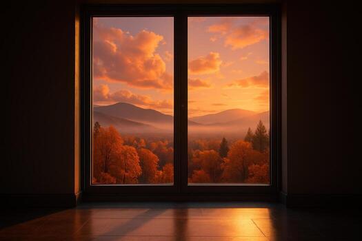 Panoramic window view of a vibrant autumn forest and misty mountains at golden hour sunset photo