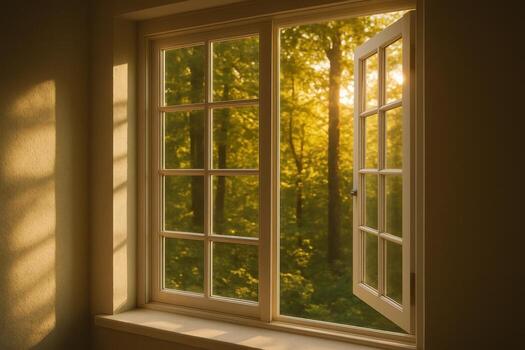 Sunlit white window open to a vibrant green forest on a warm afternoon photo