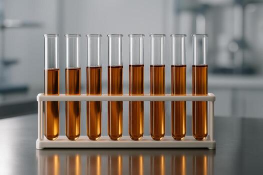 Eight glass test tubes with amber liquid in a scientific laboratory setting photo