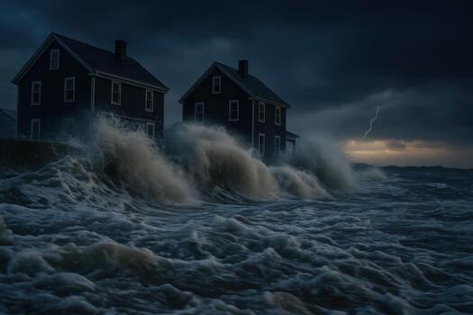 Coastal houses battered by massive storm waves and lightning strike at dusk photo