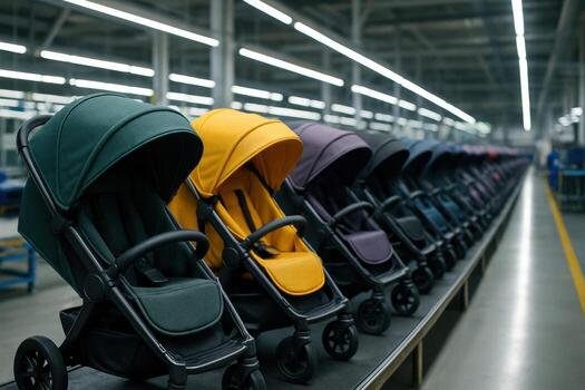 Long line of colorful baby strollers on a production line in a modern factory photo