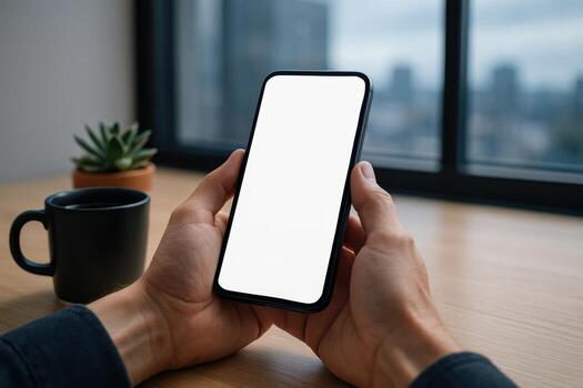 Male hands holding a modern smartphone with a blank white screen for app display photo