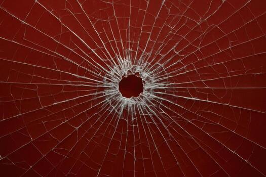 Shattered glass with central impact hole and radiating cracks on red background photo
