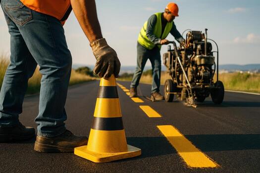 Road workers applying fresh dashed yellow road markings on asphalt with a road marking machine and traffic cone photo