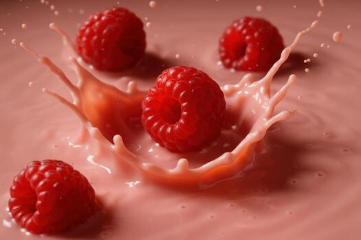 Vibrant fresh red raspberries splashing into creamy pink liquid with dynamic movement photo