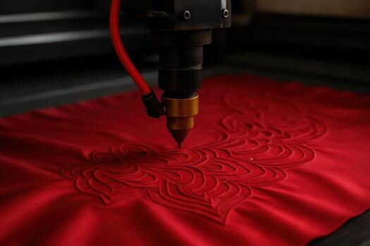 Precision laser machine cutting intricate floral pattern into red fabric photo