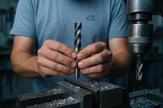 Man hands holding a large metal drill bit for a milling machine in a workshop photo