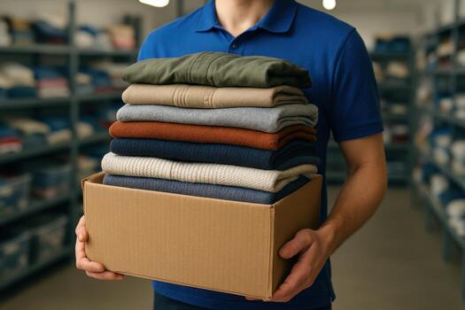 hombre en azul camisa participación un cartulina caja desbordante con pulcramente doblada ropa en un almacén foto