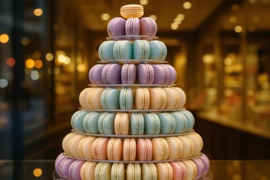 Meticulously arranged pyramid of colorful macarons in a high end sweets store window display photo