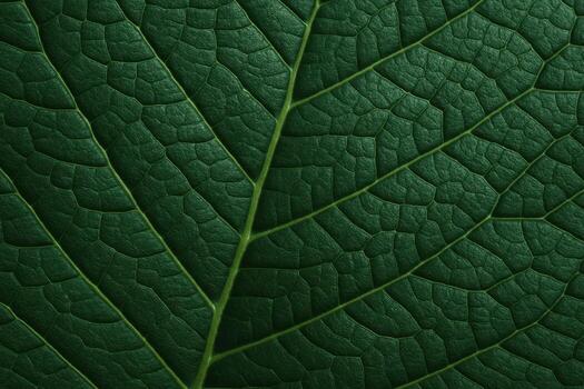 Detailed macro photograph of a deep emerald green leaf with intricate veins and natural texture photo