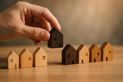 Human hand selecting a dark wooden miniature house from a row of diverse property models photo