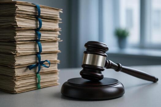Dark polished wooden gavel with silver band resting on sound block next to a tall stack of legal documents photo