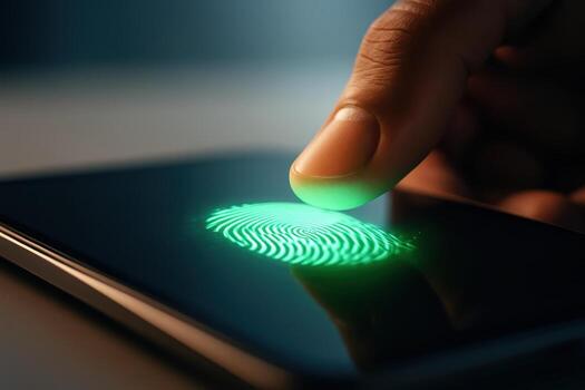 Human thumb scanning a glowing green digital fingerprint for biometric security authentication photo