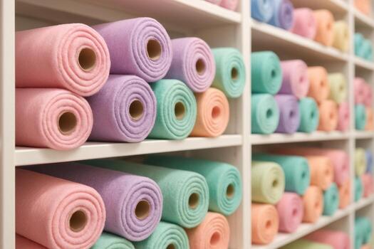 Numerous rolls of soft fabric in pastel colors stacked on shelves in a store photo