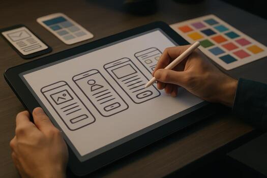Professional designer sketching mobile app user interface wireframes on digital tablet photo