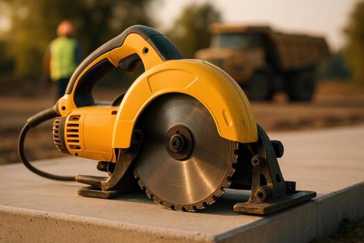 Vibrant yellow circular saw with sharp blade on concrete at construction site photo