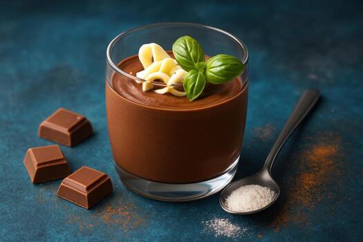 Smooth, rich chocolate mousse in a glass with white chocolate curls, fresh basil, and chocolate squares. photo