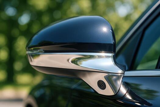 Sleek dark blue car side mirror with chrome trim and integrated camera sensor photo