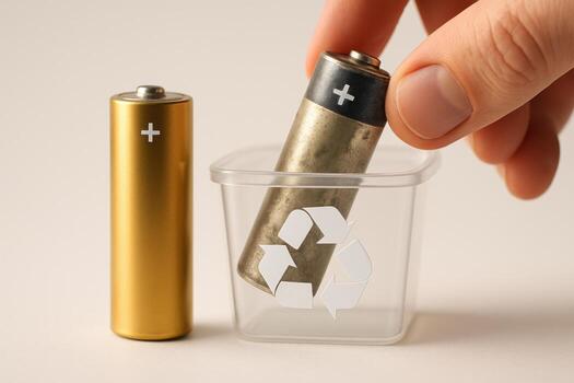 Hand disposing of used alkaline battery into recycling container for environmental protection photo