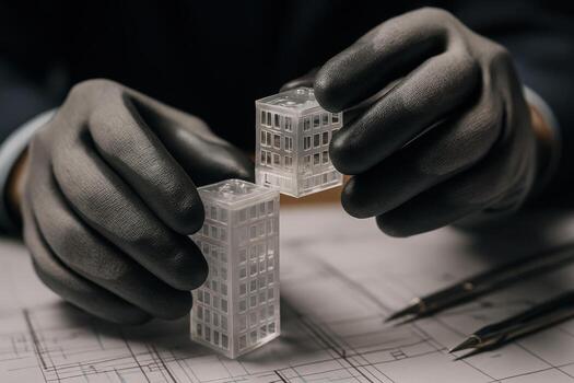 Architect gloved hands assembling 3D printed building models on detailed blueprints photo