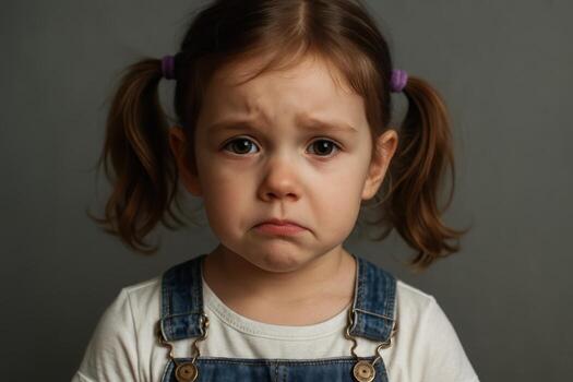 Close up portrait of a sad little girl with pigtails and a tearful expression photo