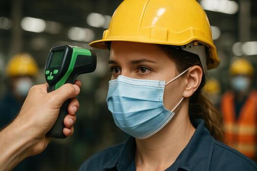 Female industrial worker in hard hat and mask undergoing temperature check for safety protocol photo
