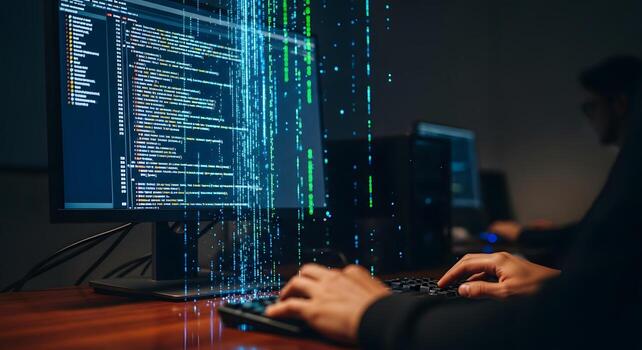 A person typing on a keyboard in front of a computer screen photo