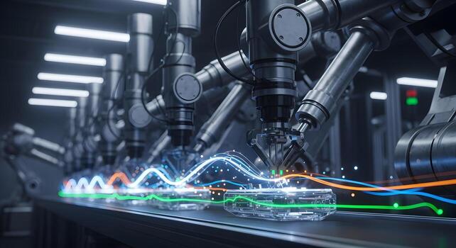 Robots are working on a conveyor belt in a factory photo