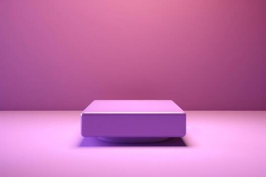 Abstract surreal scene - empty stage with square violet podium lying on pastel violet colored background. Pedestal for cosmetic product packaging mockups display presentation. photo