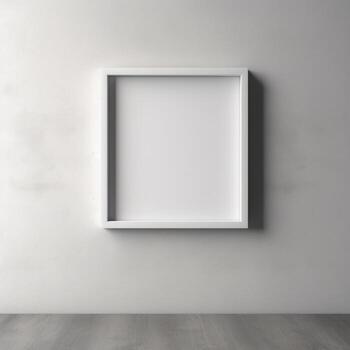 Single blank square picture frame with thin white border hanging on white wall. 3D illustration. photo