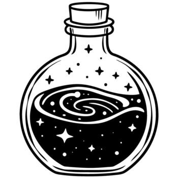 mágico poción botella con arremolinándose galaxia líquido, estrellas y cósmico elementos dentro fantasía alquimia, místico elixir concepto vector