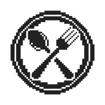 Pixelated crossed spoon and fork icon inside round frame black and white retro digital symbol for food and dining concept vector