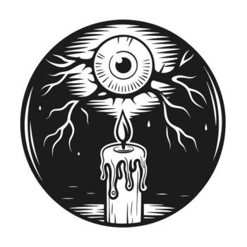 Surreal melting candle with dripping wax and mystical eye above, radiating rays and tears in monochrome circular design vector