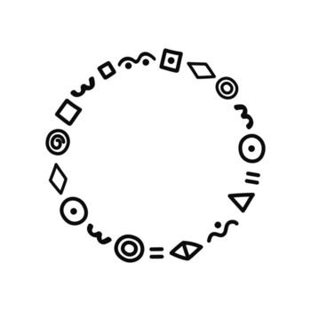 Simple round frame with abstract geometric shapes. Random spirals, lines, curls. Ethnic banner, place for text, drawing, symbols, signs. Marker, doodle, sketch, hand drawn, isolated background. vector