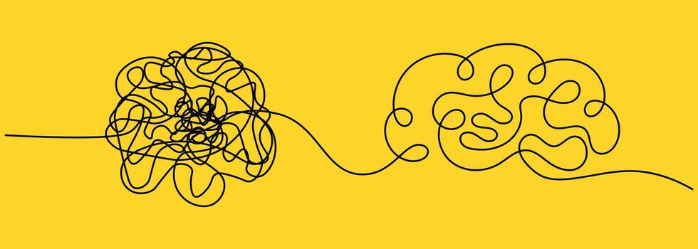 Tangled line transforming into organized shape of brain, symbolizing problem solving, clarity from confusion, creativity, mental health, therapy, communication, and mindfulness. Untangle and brain vector