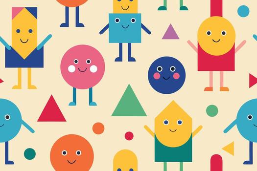 Whimsical Geometric Characters Seamless Pattern Colorful Circles, Squares, and Triangles on Beige Backdrop vector