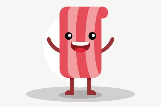 Cartoon Bacon Character with Smiling Face, Raised Arms, on Light Gray Background vector