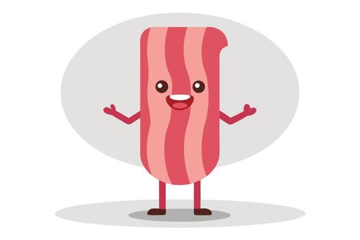 Cartoon Bacon Strip Character with Happy Smiling Face and Arms Raised in Greeting vector