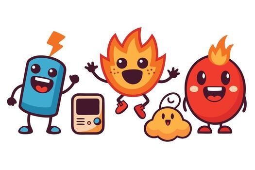 Cartoon Characters Lightning Bolt, Game Console, Flame, Cloud, Lava, Smiling, Isolated on White vector