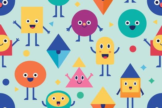 Whimsical Seamless Pattern of Colorful Geometric Shapes with Faces on Light Green Background Design vector