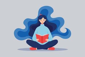 mujer leyendo libro en loto posición con resumen azul pelo ilustración vector